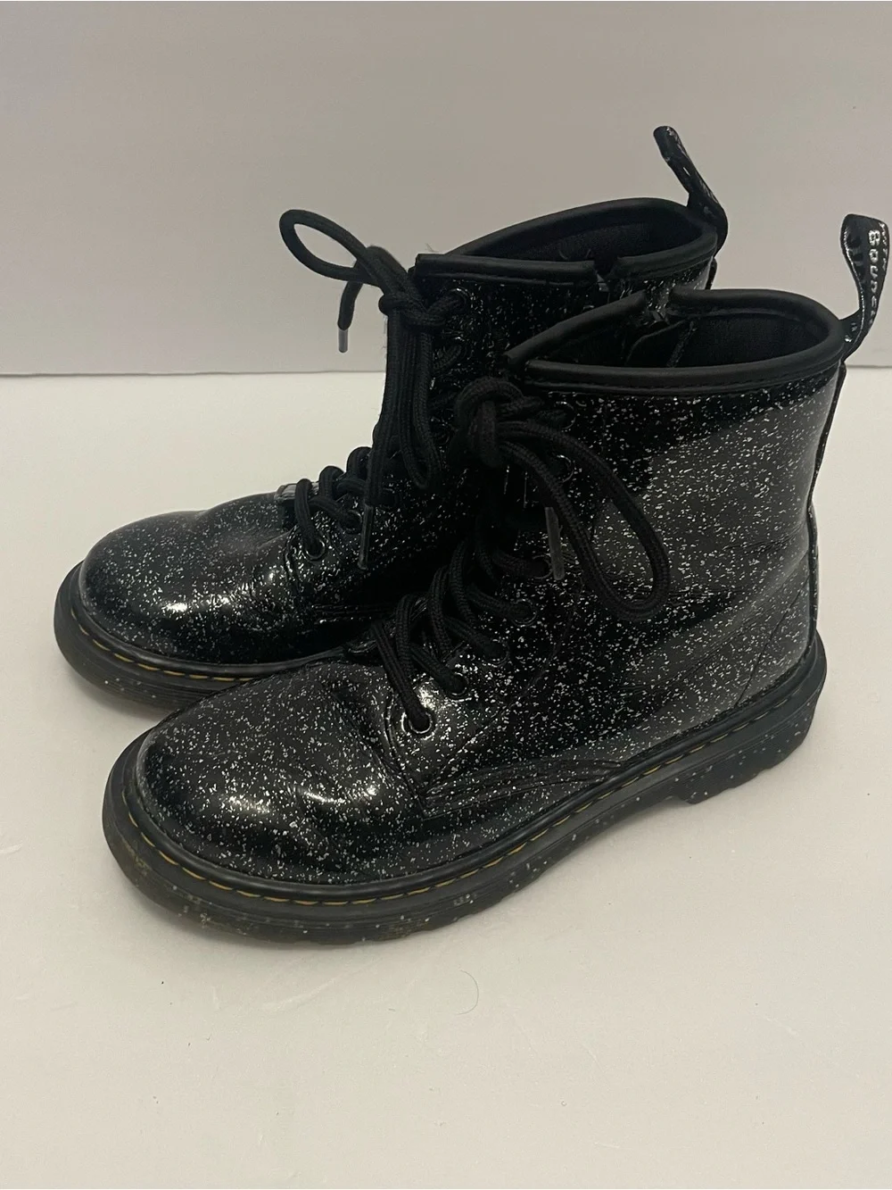 Dr. Martens 1460 Delaney Black Glitter Galaxy Lace Up Side Zip Boots Kids 2